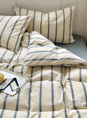 A类约全WIU棉水洗床棉四件套日式条纹被套简床单18.笠款宿舍三件
