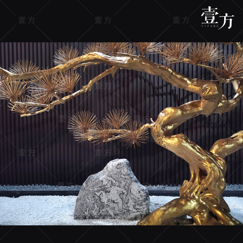 仿真迎客松雪松木雕松树室内干景枯山水造景大堂会所茶室松树摆件