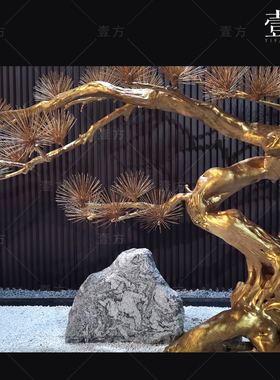 仿真迎客松雪松木雕松树室内干景枯山水造景大堂会所茶室松树摆件