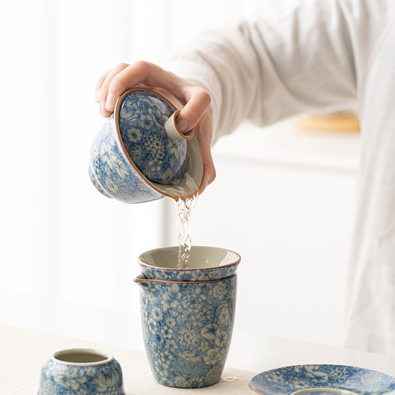 敦铭堂 青花三才盖碗茶杯老陶泥功夫茶具单个高档家用陶瓷泡茶碗