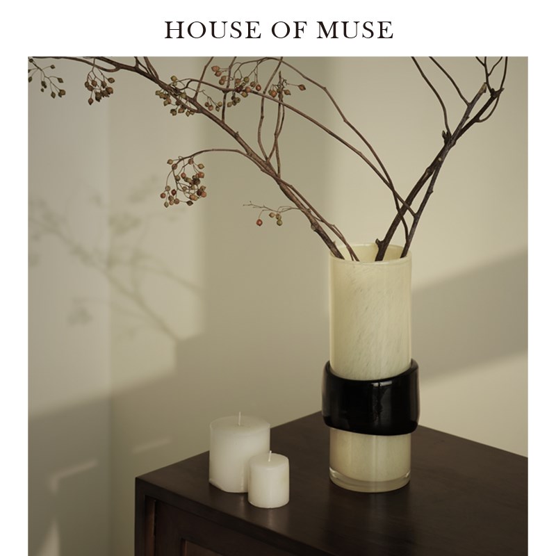 缪斯家 黑腰带/中古风奶黄琉璃花瓶手工加厚玻璃花器艺术摆件