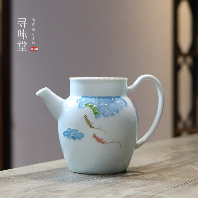 浮雕手绘公道杯雅致甜白瓷分茶杯茶海匀杯荷花山水家用功夫茶具