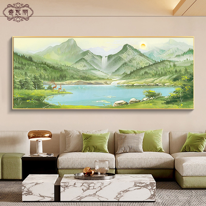 聚宝盆客厅装饰画纯手绘油画沙发背景墙聚财挂画西墙山水风景壁画