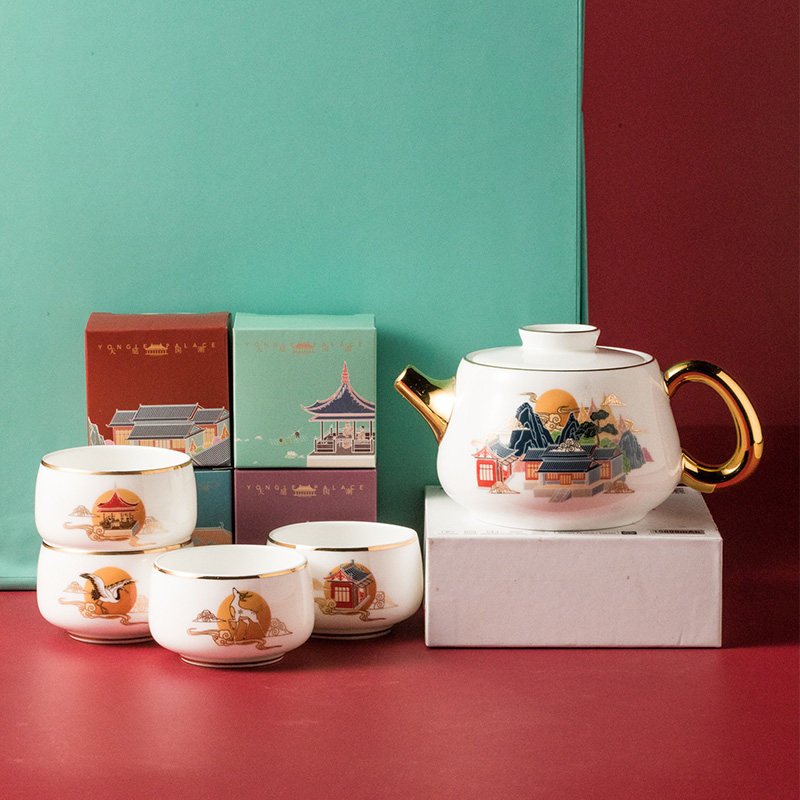 松发瓷器陶瓷中式茶杯茶具单品轻奢描金国潮风骨瓷茶具简易包装