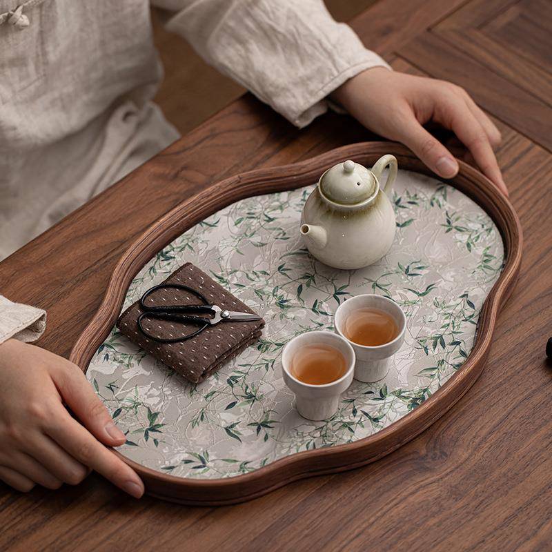 中式海棠花玻璃茶托盘竹制茶盘茶道简约家用茶室水果点心盘收纳盘