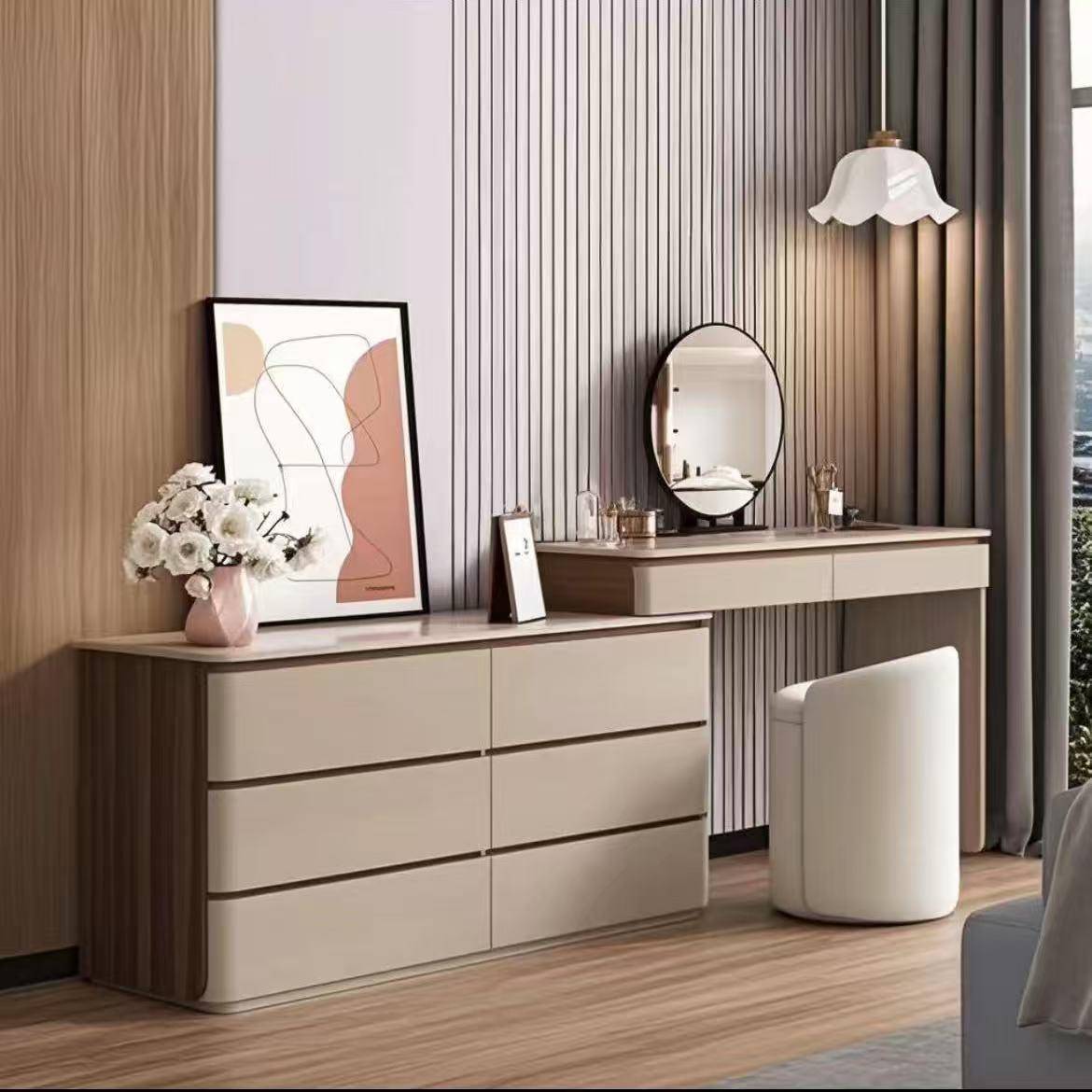 实木意式极简梳妆台收纳柜斗柜一体卧室床尾伸缩化妆桌