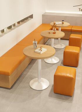 奶油风长条凳卡座沙发橙色系奶茶店圆桌饮品店桌椅组合皮艺园墩
