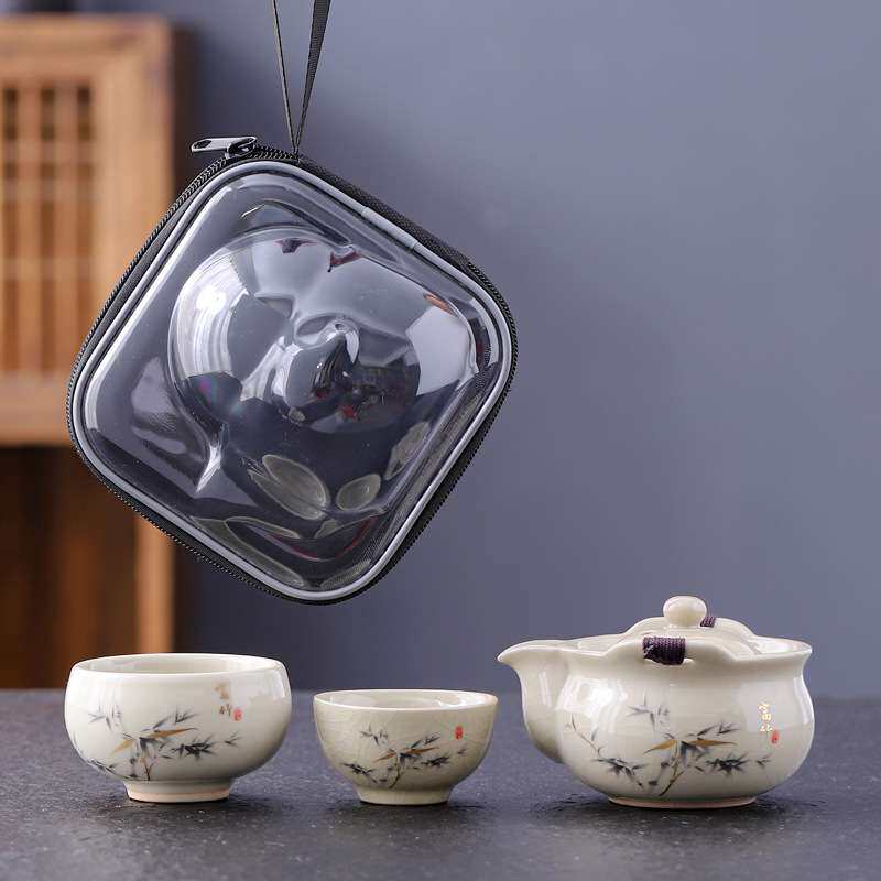 哥窑手抓壶旅行茶具户外泡茶套装便携式快客杯陶瓷泡茶器一壶两杯