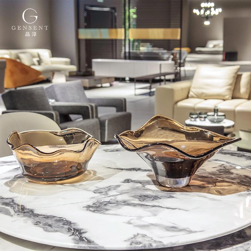 晶淳 鸣沙系列 茶色复古装饰摆件 售楼处意式托盘玻璃茶几水果盘