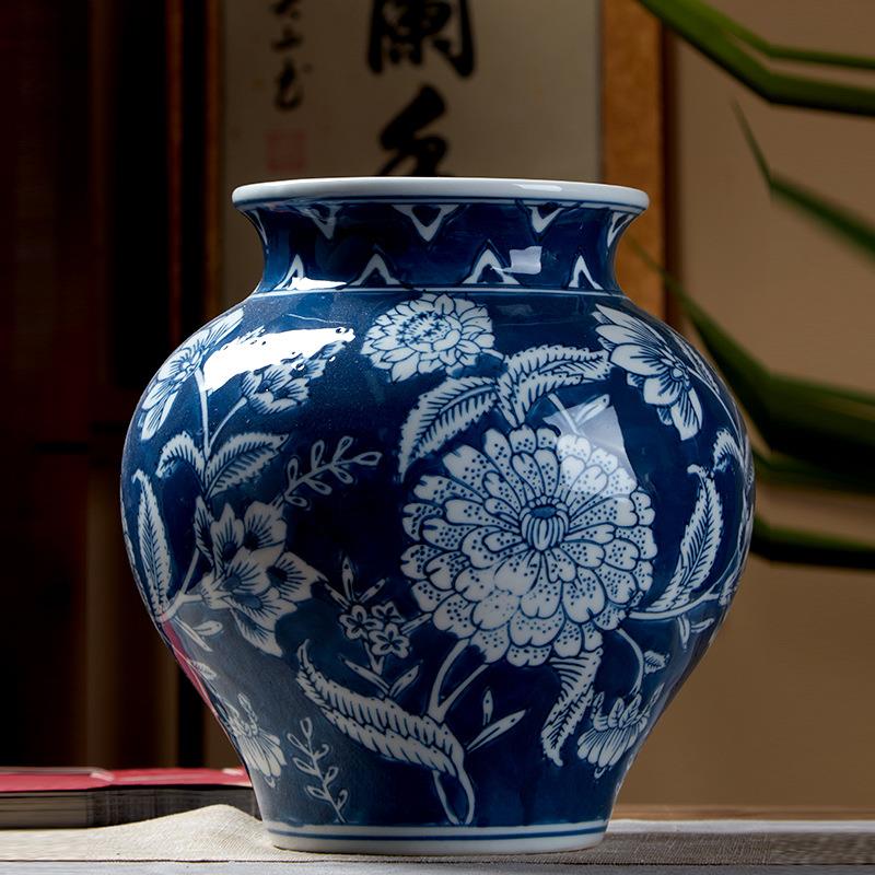 青花蓝底中式陶瓷花瓶可水培绿植鲜花 陶瓷花瓶摆件饰品 客厅摆件