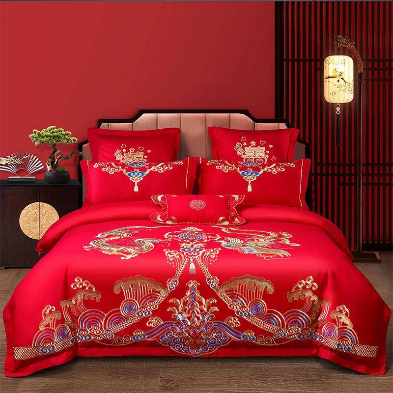 大红结婚四件套纯棉床上用品刺绣被套简约高档全棉婚庆四件套