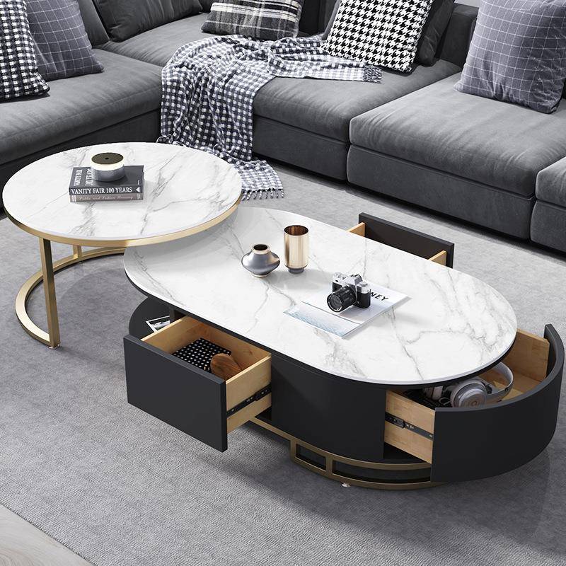 简约大理石茶几组合小户型家用客厅酒店创意 带抽屉茶几不锈钢