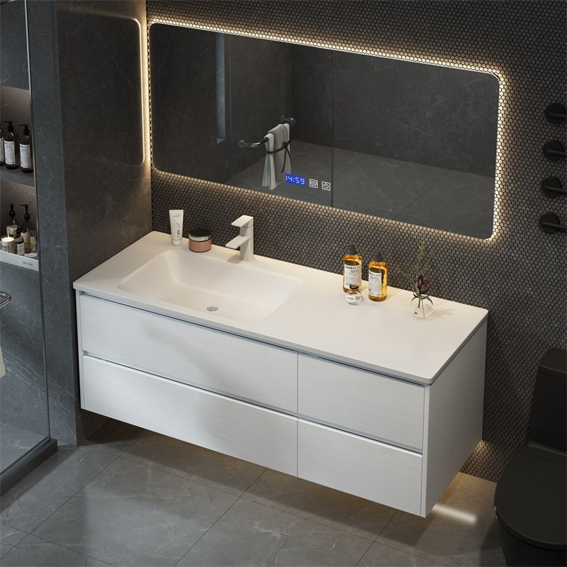 现代岩板热弯无缝一体盆橡木烤漆浴室镜柜卫生间智能洗手台盆