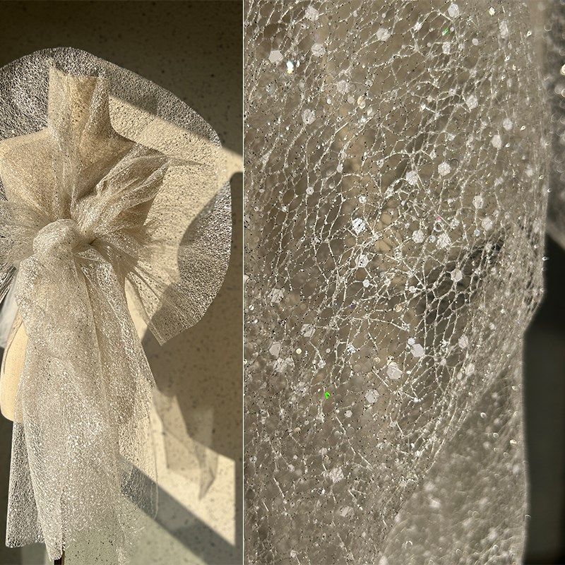 3D立体六角亮片烫金微硬细网纱设计面料婚庆布置婚纱礼服网眼布料