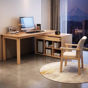 实木书桌书柜一体简约家用学生写字桌卧室书房双人位台式电脑桌子