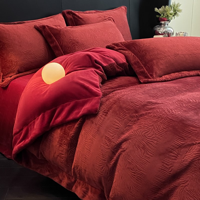 冬季结婚四件酒红色加厚珊瑚绒被陪嫁床单婚庆保暖床品