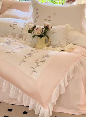 irish|lQK200000法式浪漫四件套纯棉全棉床单被套刺绣雪G纺花边床