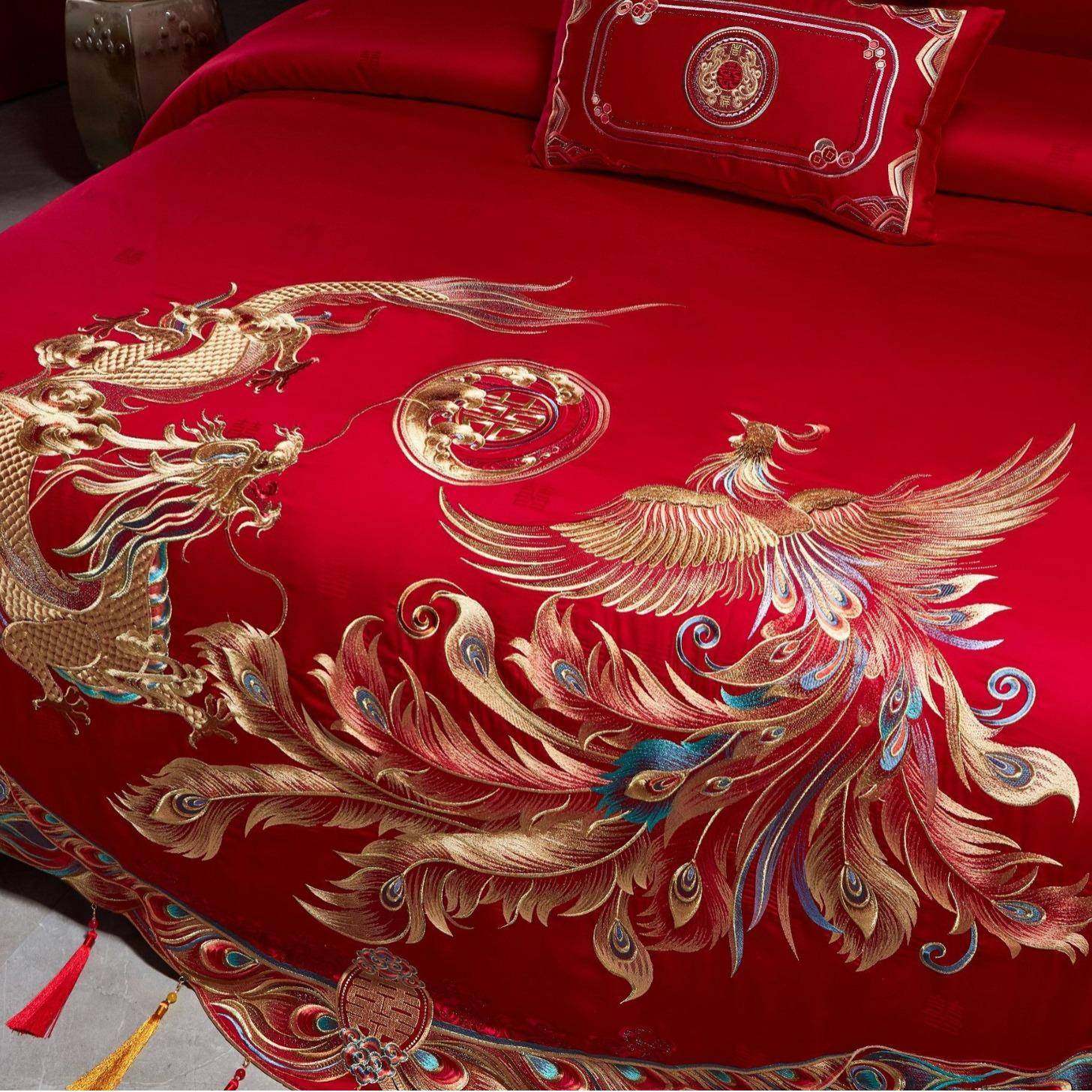 红色GRZ全棉四套龙结婚床上用品陪嫁男结件婚六件套长绒方棉凤被