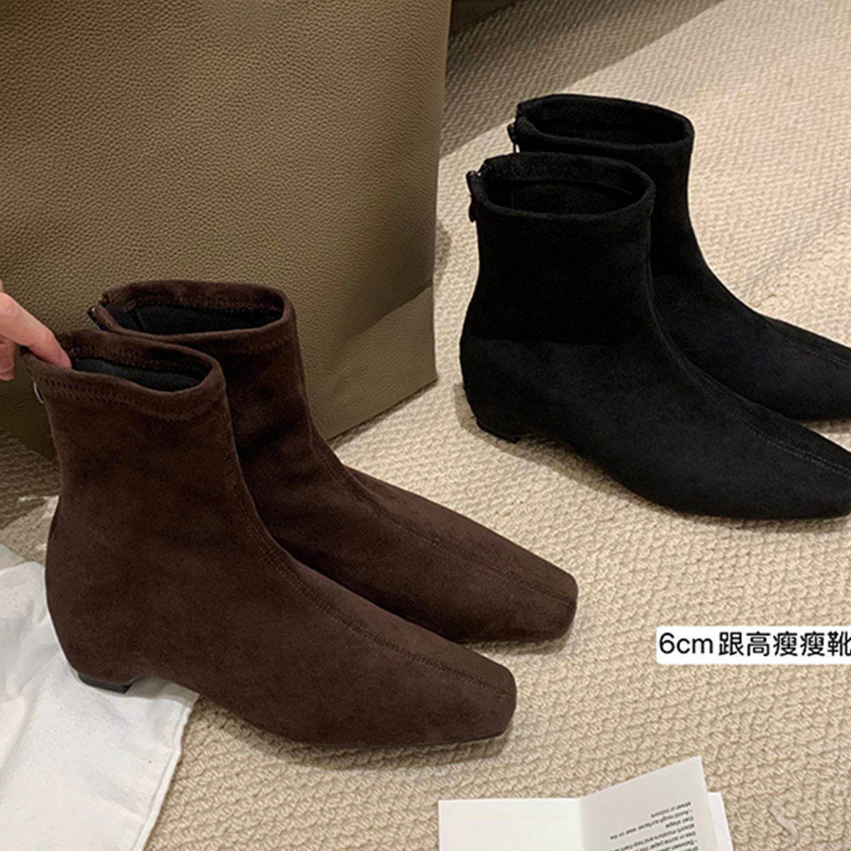 绒面法式新款冬季内增高6cm小短靴皮面方头百搭后拉链瘦瘦靴女黑