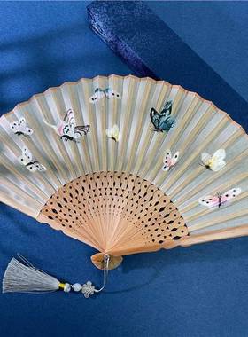 苏州刺复古古风绣扇汉服女搭配折叠57368便携折式真丝花扇子湘妃