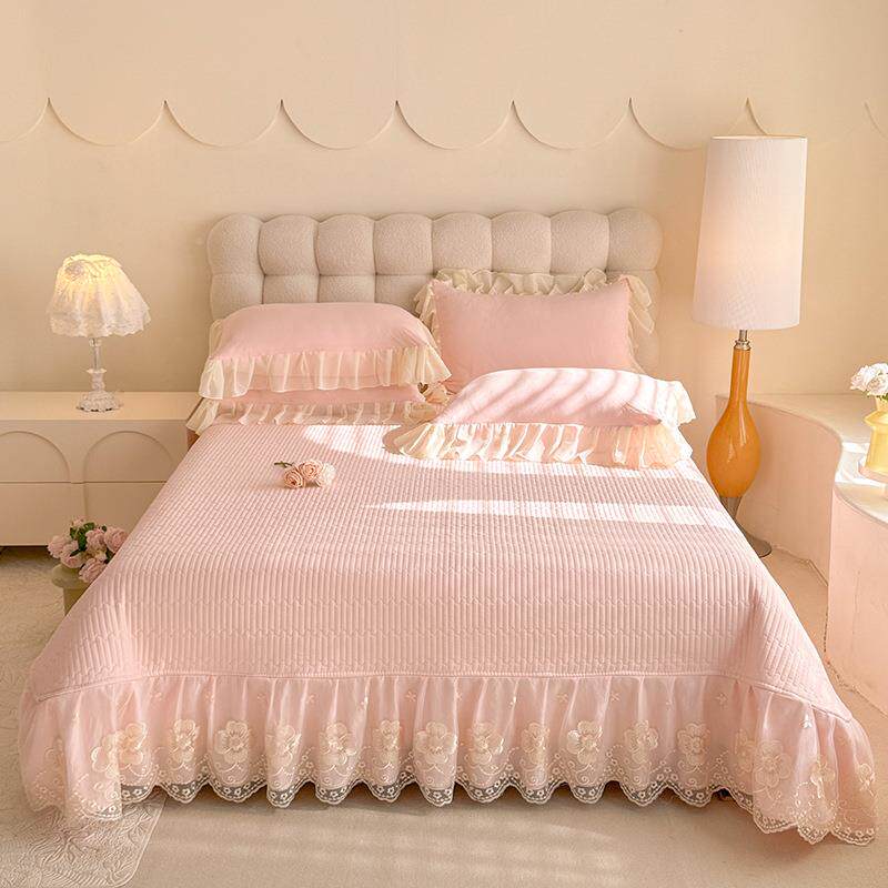 韩版床纯色水XKQ洗花边夹棉盖蕾四件套棉丝被套公主4件套厂