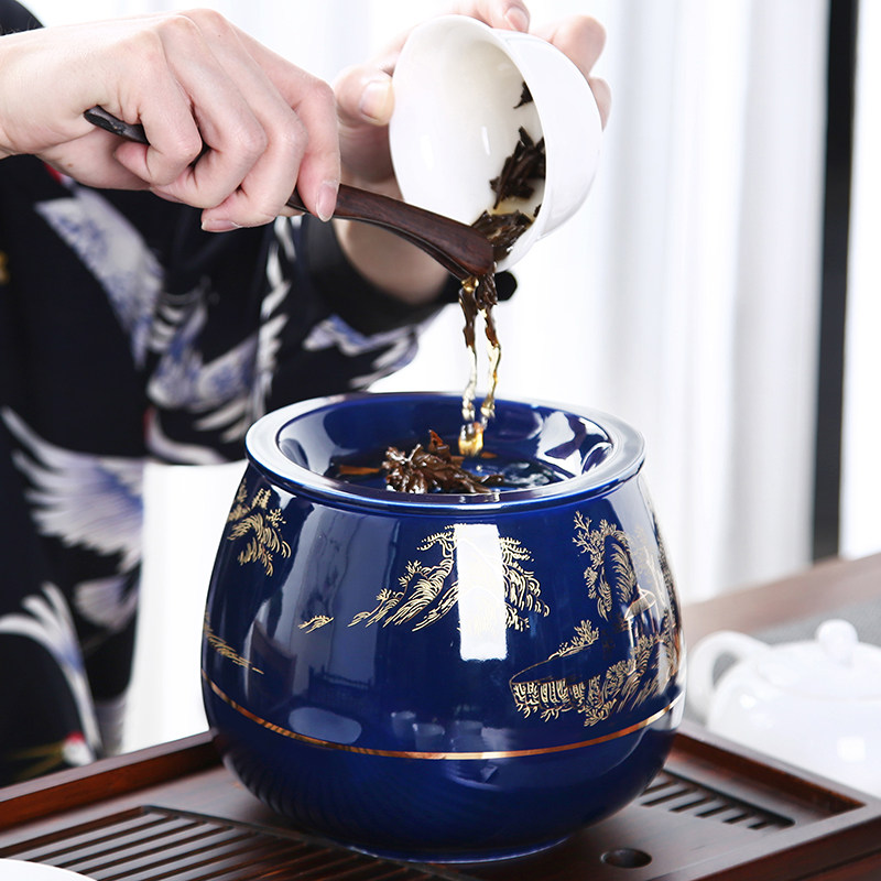 晟窑霁蓝大号茶渣缸功夫茶具茶道配件笔洗陶瓷茶洗水杯洗水盂带盖