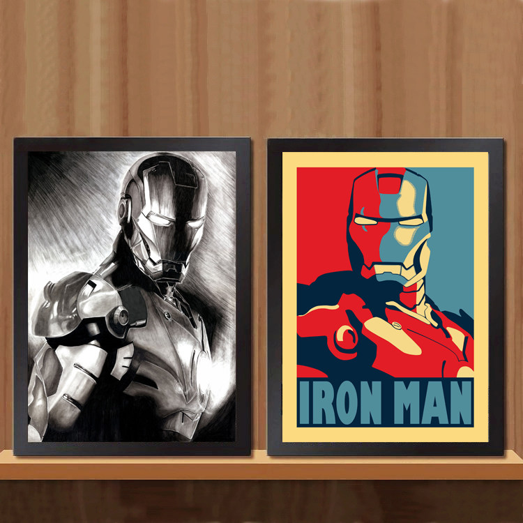 钢铁侠海报 装饰画实木有框画相框画框KTV卧室照片墙挂画组合