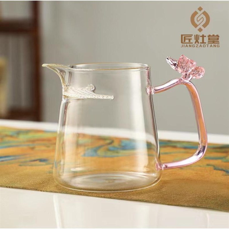 粉色紫色蝴蝶玻璃主人杯碟恋茶杯耐热高硼硅防烫大容量茶水杯