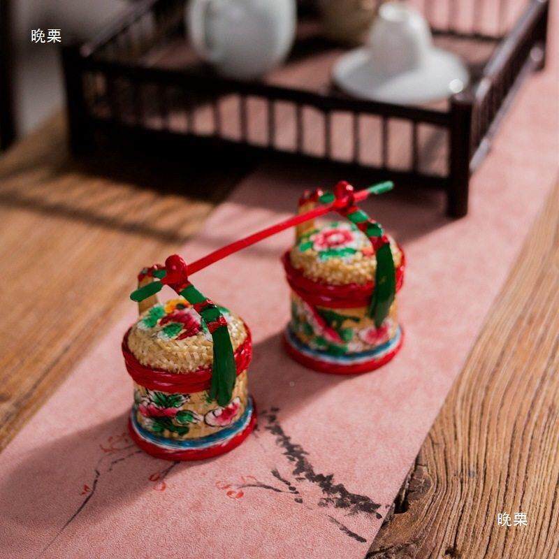 迷你手绘春盛tlznh%lz茶篮席家居摆件竹手篮工竹篮子花潮编州传统