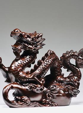 INL龙摆装件黑檀实送木雕刻十二生肖木头龙红色玄关视柜电饰礼工