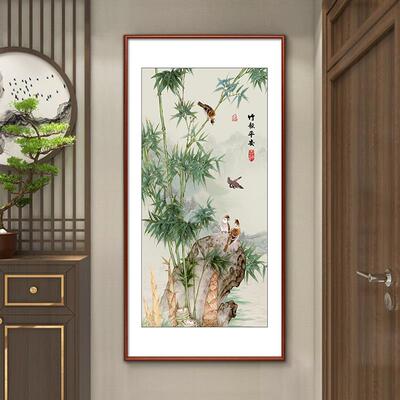 竹报平安竖版玄关画客厅装饰画绿竹子挂画墨竹图书房茶室过道壁画