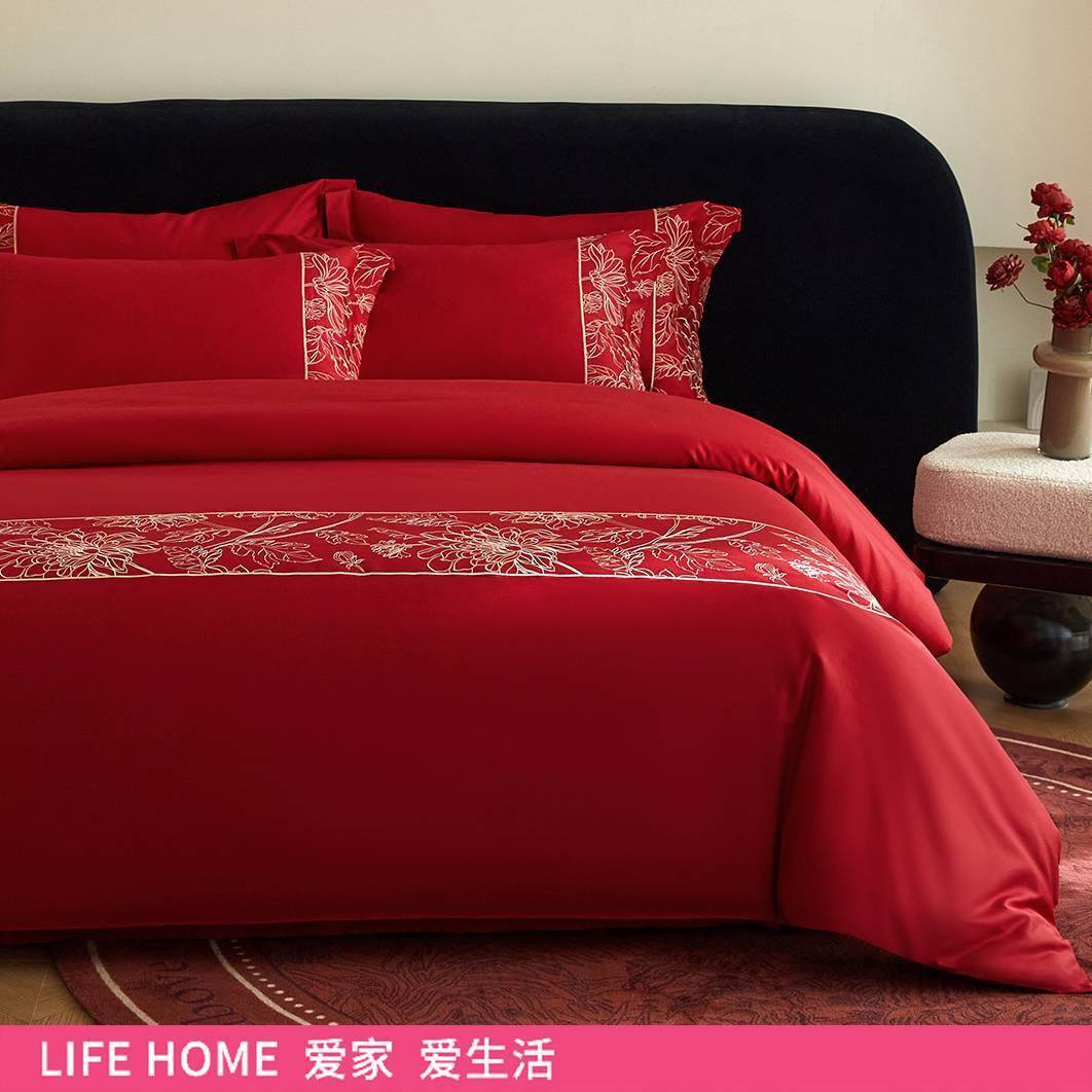 长绒棉绣花婚庆四件套全棉纯棉红色新婚喜庆结婚床上用品三件套