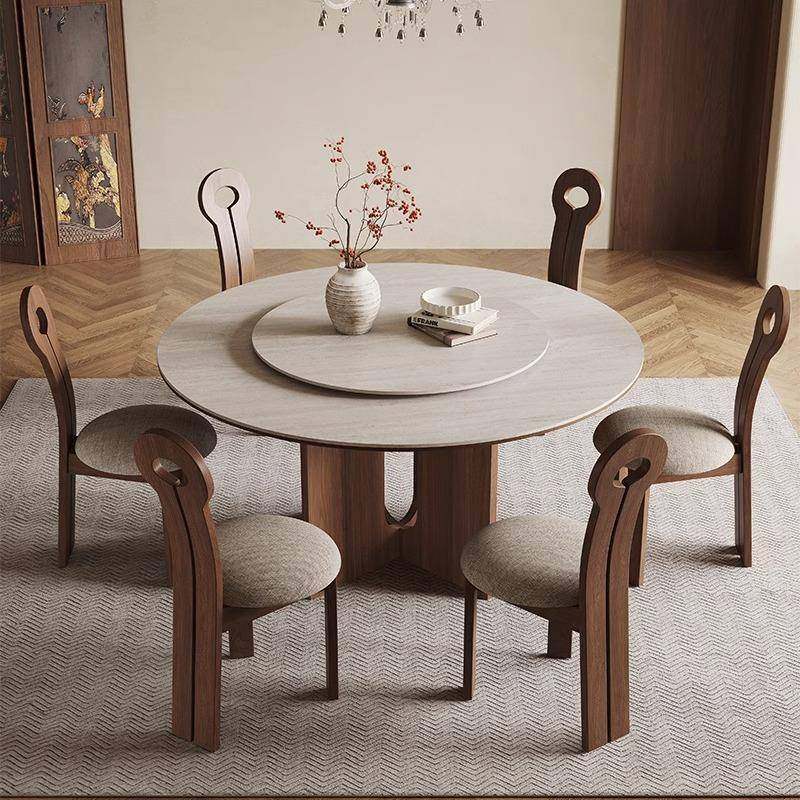 复古风中古洞石岩板圆桌家用圆形饭桌白蜡木黑胡桃色实木圆餐桌椅