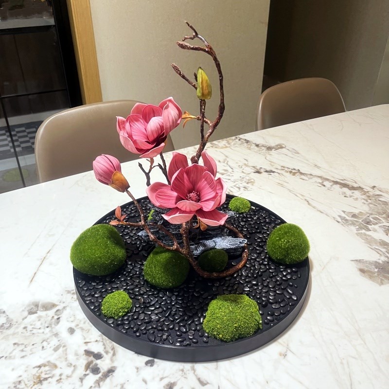 仿真花艺微造景观酒店圆形餐桌电动转盘中间摆放装饰假山盆景盘花