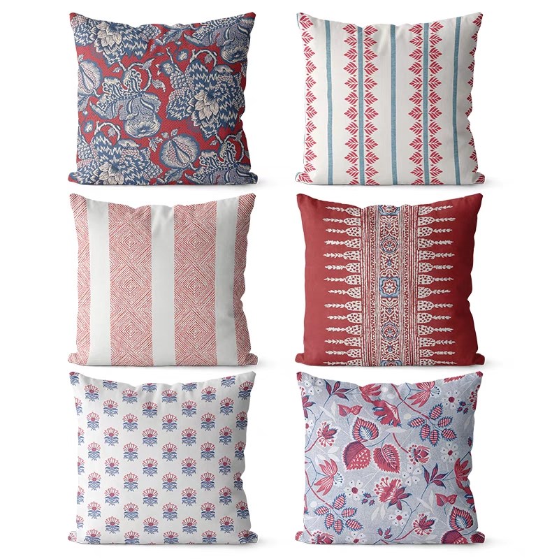 面图案红色棉麻抱枕法式简约沙发靠枕床头大靠背腰枕午休靠垫