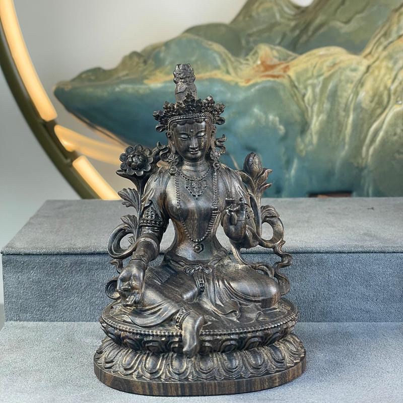 手工雕刻天然印尼沉香木绿度母观音菩萨文玩手把件实木工艺品摆件