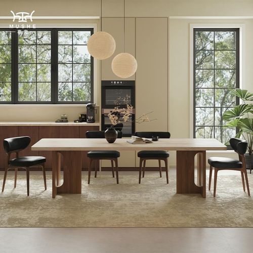 暮奢复古餐桌椅组合洞石岩板家用现代简约小户型长方形中古风餐桌