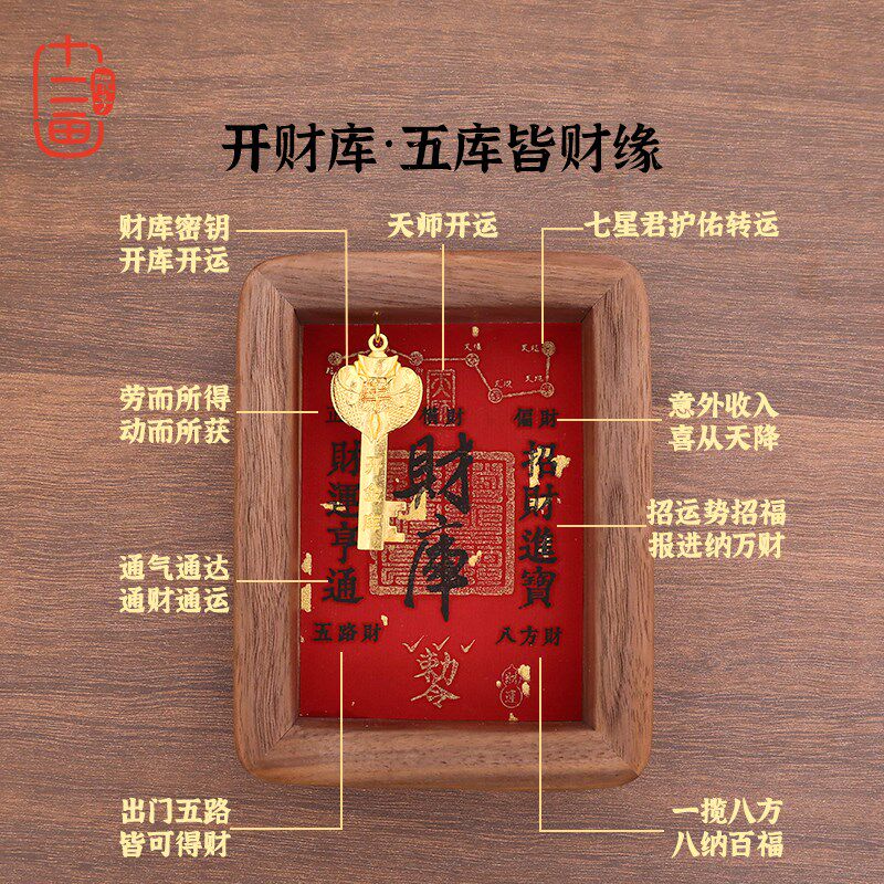 开财库实木相框摆件纯黄铜十二生肖金钥匙中式装饰画招财摆台玄关
