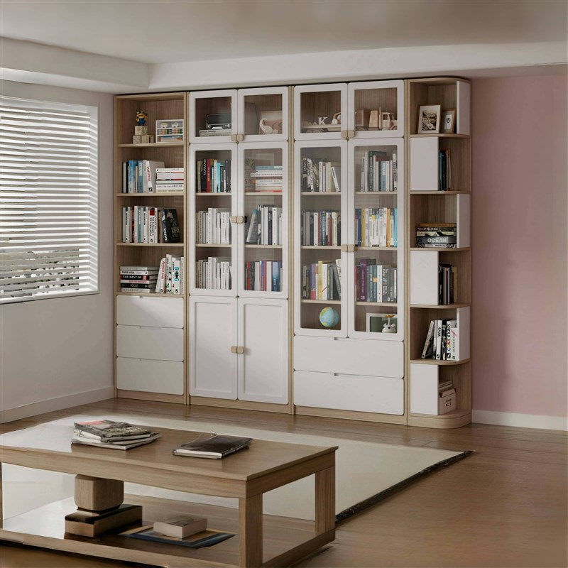 可比熊实木书柜一体到顶整墙书柜定制书桌书架一体柜转角书柜