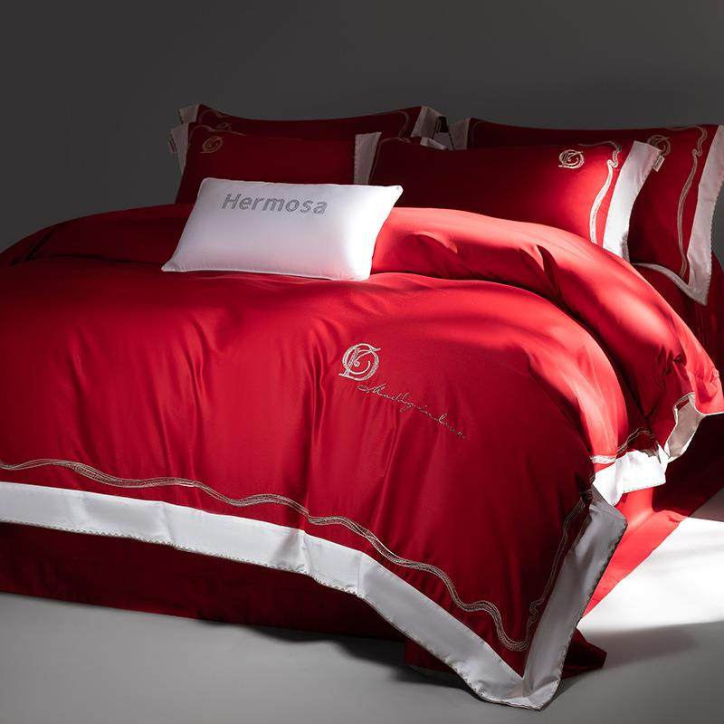 高端100支婚庆长绒棉红色四件套刺绣纯棉结婚房嫁礼床单被套床品