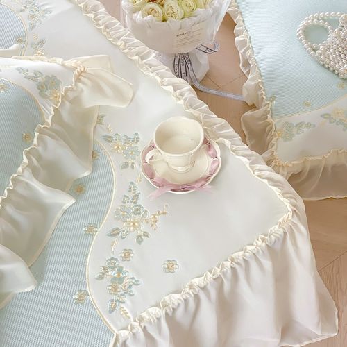 韩式加厚仙女公主风刺绣床裙款冰丝席三件套夏季蕾丝花边凉席席子