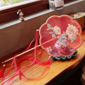 洛阳牡丹刺绣团扇子 宫廷复古风流苏跳舞蹈拍照加长柄竹扇宫扇女