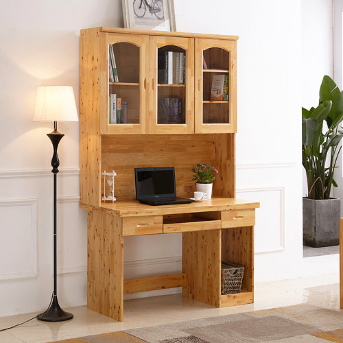 重庆实木家俱厂定制全柏木台式电脑桌带书架办公桌书柜木质办公桌