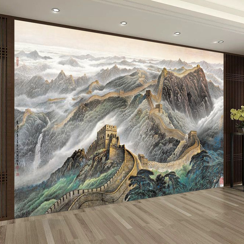 3d中式墙布万里长城客厅沙发墙壁画办公室壁布山水电视背景墙壁纸