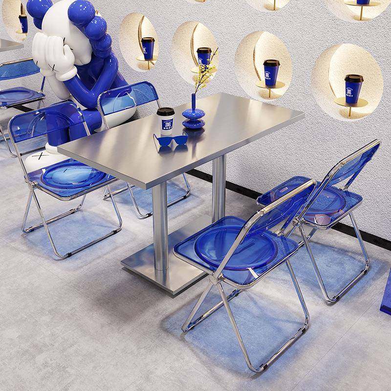 网红奶茶店桌椅组合克莱因蓝咖啡厅饮品店专用工业风不锈钢桌子