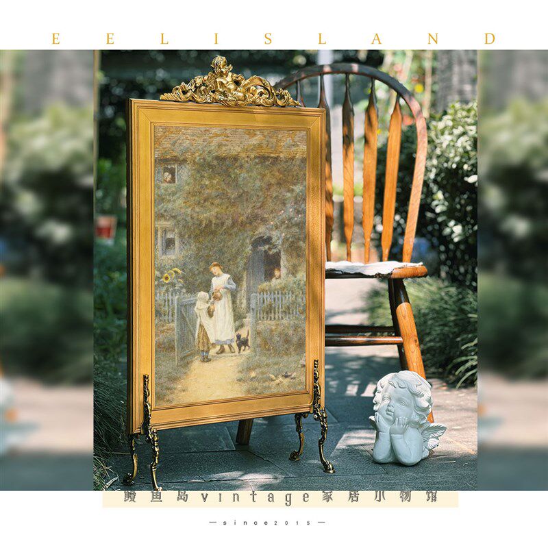 中古实木鎏金天使装饰复古装饰画沙发客厅小众欧式黄铜架屏风摆件