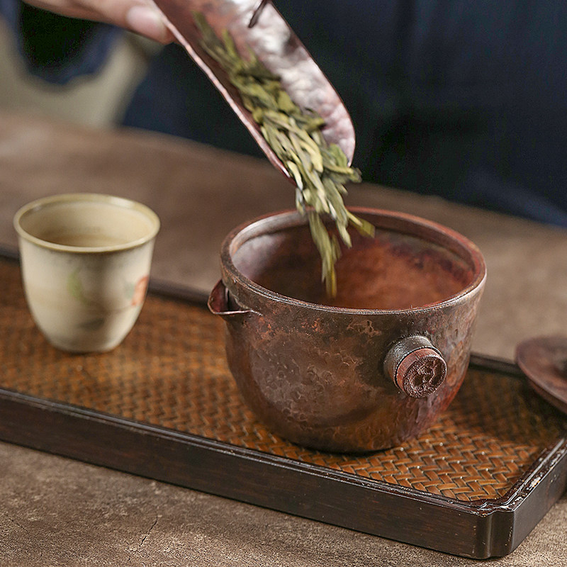 风谷山房纯手工紫铜三才盖碗复古泡茶碗家用小茶壶日式手抓壶茶具