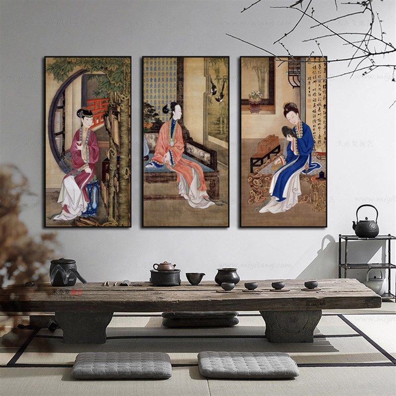 米亦堂x雍正十二美人仕女图 新中式人物国画民宿茶室玄关装饰挂画