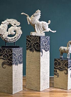 禅意中式软装仿古玄关茶室人造底座落地摆件布置样板间客栈石柱