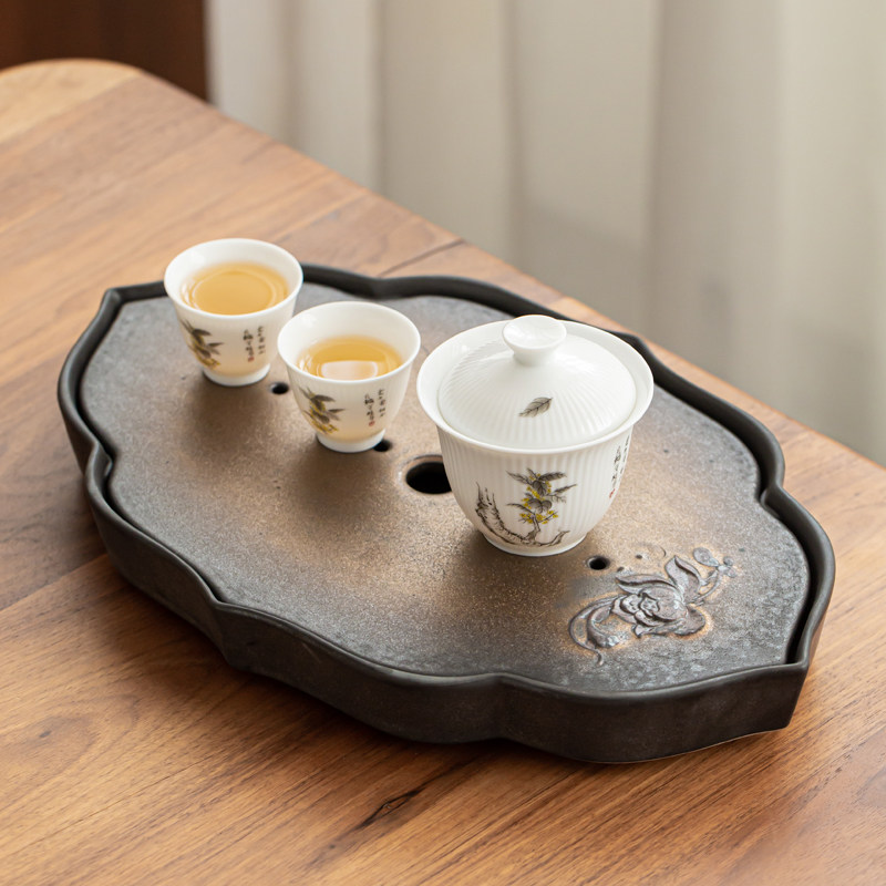 窑变鎏金干泡茶盘储水禅意日式简易陶瓷家用简约小型沥水茶台托盘